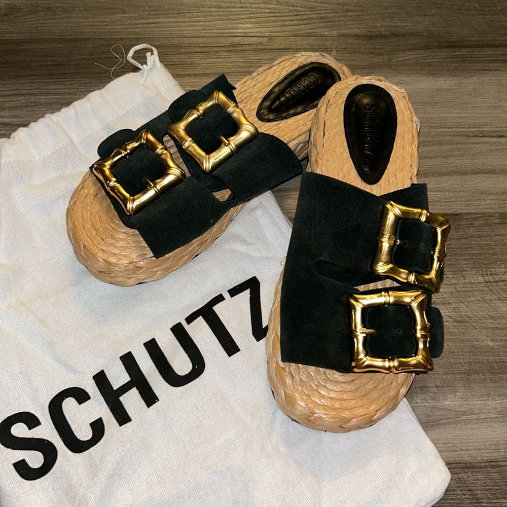 Schutz Black & Gold Buckle Sandals